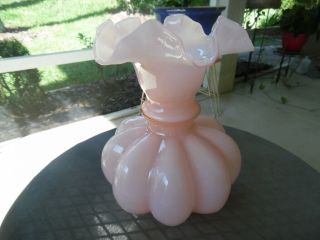 Vintage Fenton Art Glass Peach Pink Large Ruffled Edge Melon Shaped Vase