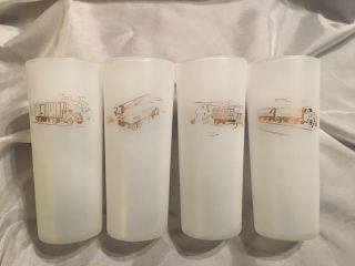 Vintage 1950’s Frosted Drinking Glasses W/ Tractor Trailer Trucks Set Euc