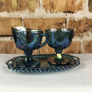 Indiana Glass Blue Carnival Harvest Grape Footed Creamer & Sugar Bowl & Tray