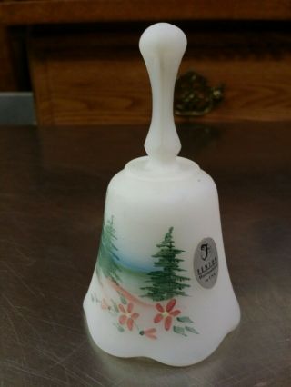Fenton White Satin Glass Bell,  Hand Painted Trees & Flowers,  Artist Signed Label