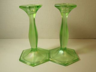 Scarce Antique Fenton Ice Green Carnival Glass Candle Stick Holders
