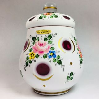 Antique Victorian White Cut To Pink Cased Glass Jar Hand Painted Art Nouveau