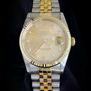 Mens Rolex Datejust Two - Tone 18k Gold And Steel Watch Factory Diamond Dial 16233