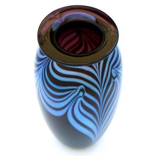 Vtg Robert Eickholt Art Glass Iridescent Pulled Feather Vase Purple & Blue 1990