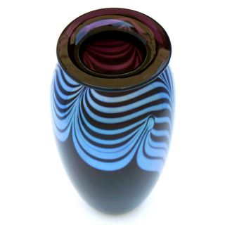 Vtg ROBERT EICKHOLT Art Glass IRIDESCENT PULLED FEATHER VASE Purple & Blue 1990 3
