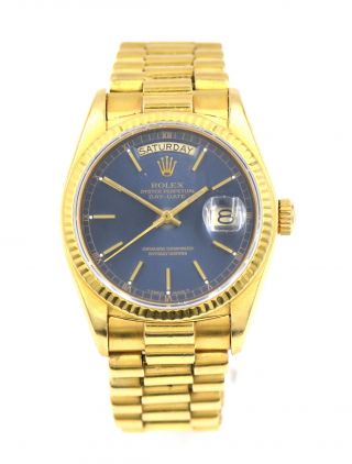 Vintage Gents Rolex Day Date President 18078 Wristwatch Blue Dial 18k Gold C1978