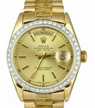 Rolex Day - Date President 36mm 18078 Bark 18k Gold Diamond Bezel Watch 18038