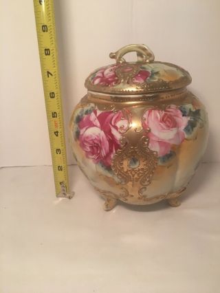 Antique Vintage Hand Painted Biscuit Cracker Jar Pink Roses Gold Accents Pretty