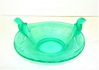 Vintage Green Glass Depression Bowl Candy Dish With Molded Birds