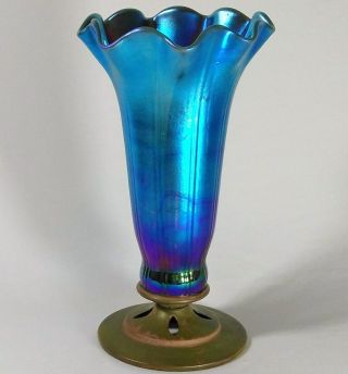 Antique Blue Aurene Lily Lamp Shade Vase Iridescent Ruffled Studio Art Glass