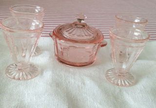Vintage Mosser Glass Pink Miniature " Jennifer " Set 7 Bowl With 4 Glasses