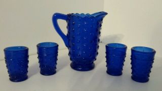 Vintage Mini Cobalt Blue Hobnail Water Pitcher With 4 Glasses 5 Piece Set