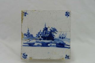Antique 18th Century Dutch Blue Village Scene Ceramic Tile