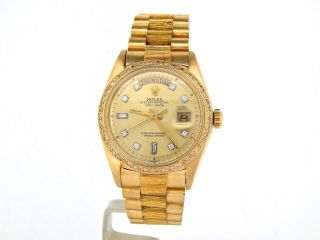 Mens Rolex Day - Date President 18k Yellow Gold Watch Bark Diamond Dial Bezel