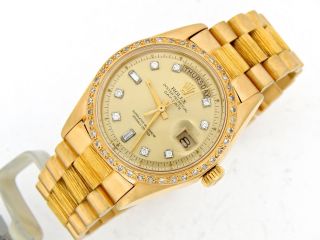 Mens Rolex Day - Date President 18k Yellow Gold Watch Bark Diamond Dial Bezel 2