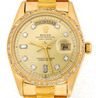 Mens Rolex Day - Date President 18k Yellow Gold Watch Bark Diamond Dial Bezel 3