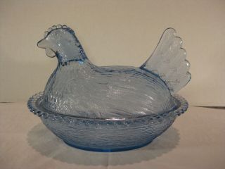 Vintage 7  Indiana Glass Light Blue Hen On Nest Candy Nut Dish With Lid