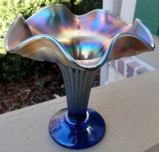 Fenton Blue “fine Rib,  Footed” Carnival Glass Vase – Scarce Shape