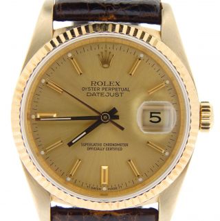 Mens Rolex Datejust Solid 18k Yellow Gold Watch Brown Band Champagne Dial 16018