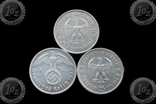 Germany (iii.  Reich) 3 X 5 Reichsmark: 1935 A,  1936 A,  1937 A / Silver Coins Xf