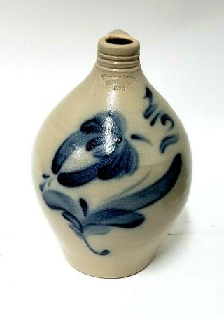 Wisconsin Pottery Vintage Blue Salt Glaze Stoneware Jug W/handle 9.  5 "