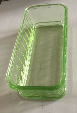 Vintage Vaseline Green Depression Glass Refrigerator Dish Storage Box Ribbed 2