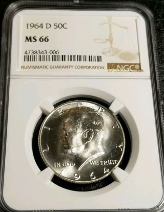 Ngc Ms66 1964 D Kennedy Half Dollar - Unc Silver Coin - Denver -