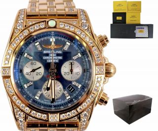 Breitling Chronomat 18k Rose Gold Diamond Hb0110 44mm Blue Mop Watch