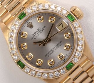 Rolex President Lady 18k Gold - Emerald Diamond Bezel - Silver Diamond Dial - 26mm - Box