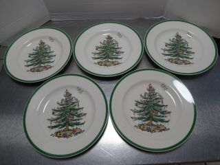 Spode Christmas Tree 10 - 1/2 " Dinner Plates Set Of 5 With Stickers