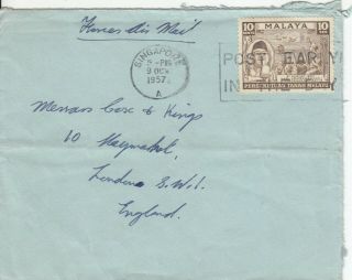 G4010 Singapore 9 October 1957 Cancel On 10s Malaya Stamp Cover Uk Forces Mail