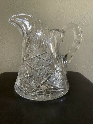 Vintage Heavy Cut Glass Crystal Pitcher With Unique Handle Pattern Art Deco Look