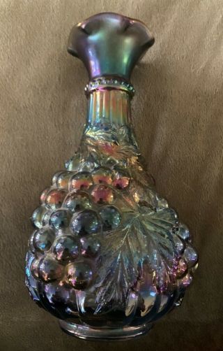 Imperial Glass Co Carnival Amethyst Purple Grape Pattern Vase Crimpt Rim 9 1/4”