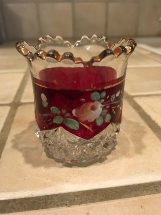 Ruby Glass Cut Glass Toothpick Holder With Pretty Hand Painted Flower Decoration
