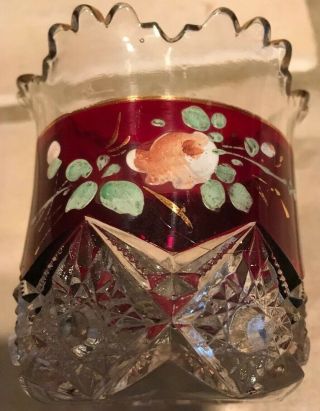 Ruby Glass Cut Glass Toothpick Holder With Pretty Hand Painted Flower Decoration 3