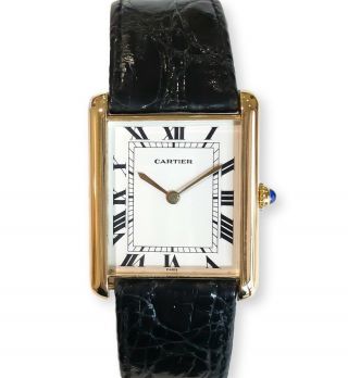 Rare Jumbo Louis Cartier Tank Watch Automatic 18K Yellow Gold on Strap 1970 ' s 2