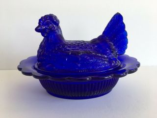 Mosser Glass Turned Head Hen/chicken On A Nest Split Tail Bowl Cobalt Blue Dish