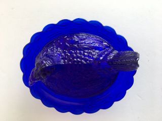 Mosser Glass Turned Head Hen/Chicken On A Nest Split Tail Bowl Cobalt Blue Dish 2
