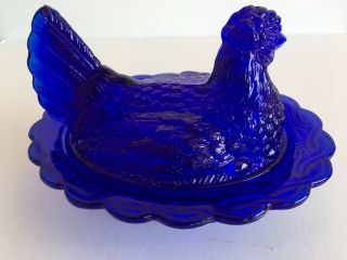 Mosser Glass Turned Head Hen/Chicken On A Nest Split Tail Bowl Cobalt Blue Dish 3