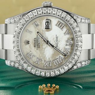 Rolex Datejust Ii Steel 41mm Watch 4.  5ct Diamond Bezel/lugs/white Mop Roman Dial