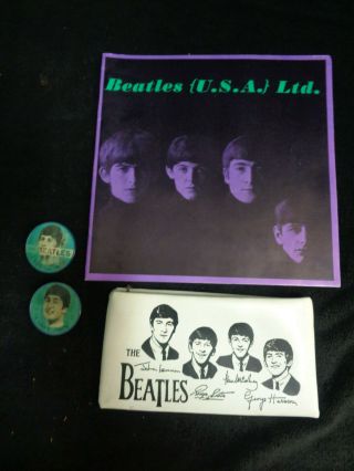 Vintage The Beatles Band Vinyl Clutch With Leather Strap (2) Buttons & Program