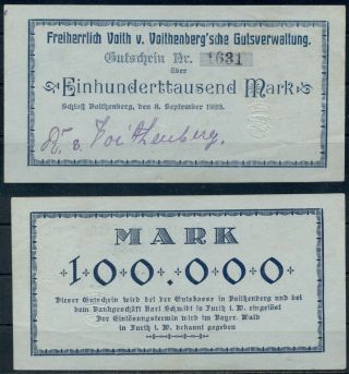 Germany 100000 Mark Voithenberg Banknote Notgeld Gutschein Signed 1923 Vf