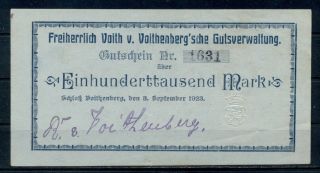 GERMANY 100000 MARK VOITHENBERG BANKNOTE NOTGELD GUTSCHEIN SIGNED 1923 VF 2