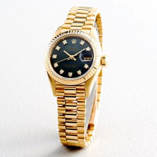 Ladies Rolex 18k Gold Datejust President Watch Factory Black Diamond Dial 69178