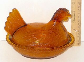 Vintage Amber Glass Chicken Hen Nest Covered Farmhouse Candy Dish Bowl Rooster