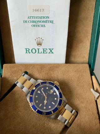 Mens Rolex Submariner Two Tone Blue Dial Model 16613 Gold And Ss