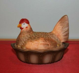 Fenton Folk Art Hen On A Nest Covered Dish 5.  5 " Hand Painted And Signed J Powell