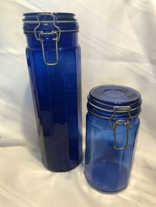 Cobalt Blue Glass Canister Paneled Jars Bale Wire 13 Inch & 8 Inch
