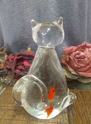 Clear Art Glass Cat With Fish Paperweight