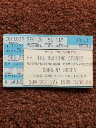 Rolling Stones Ticket Stub La Coliseum With Guns N` Roses 10/22/1989
